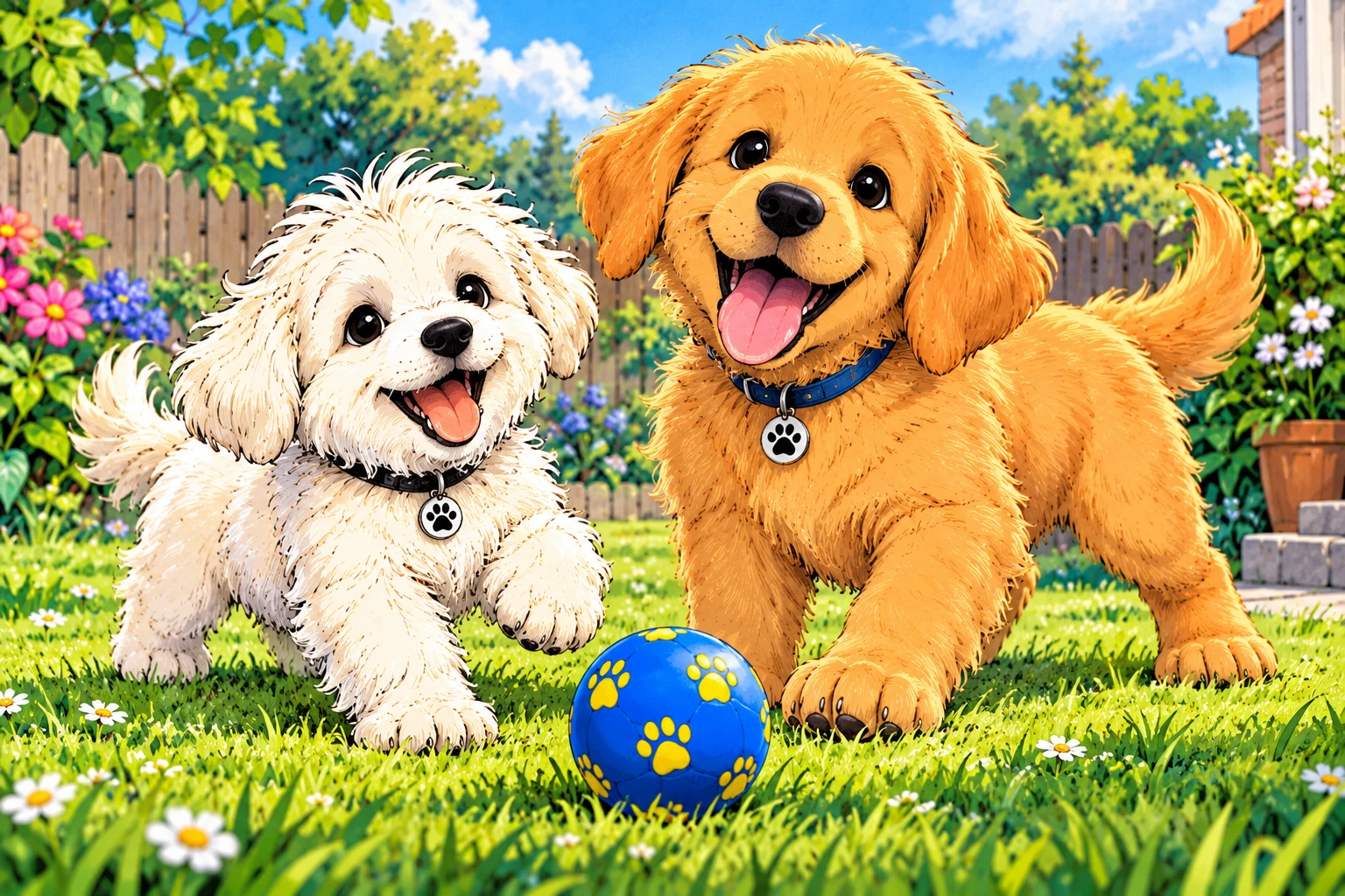 Young Bali, a small fluffy white puppy, and Bruce, a golden Labrador puppy, playing together in their sunny garden
