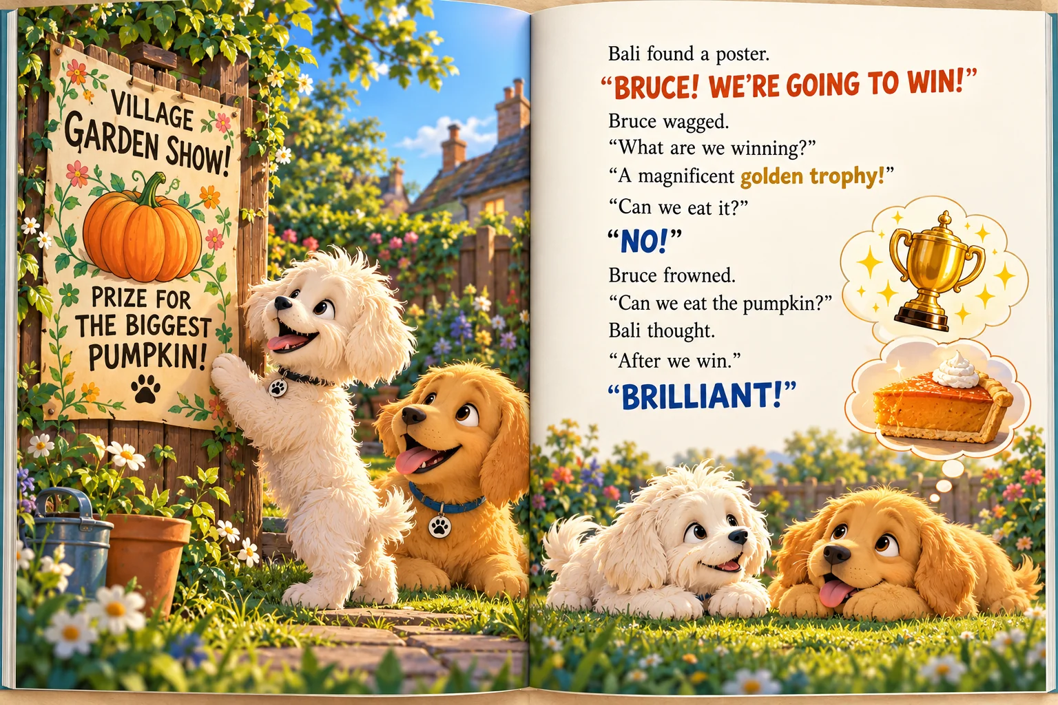 An illustrated Bali and Bruce picture-book spread